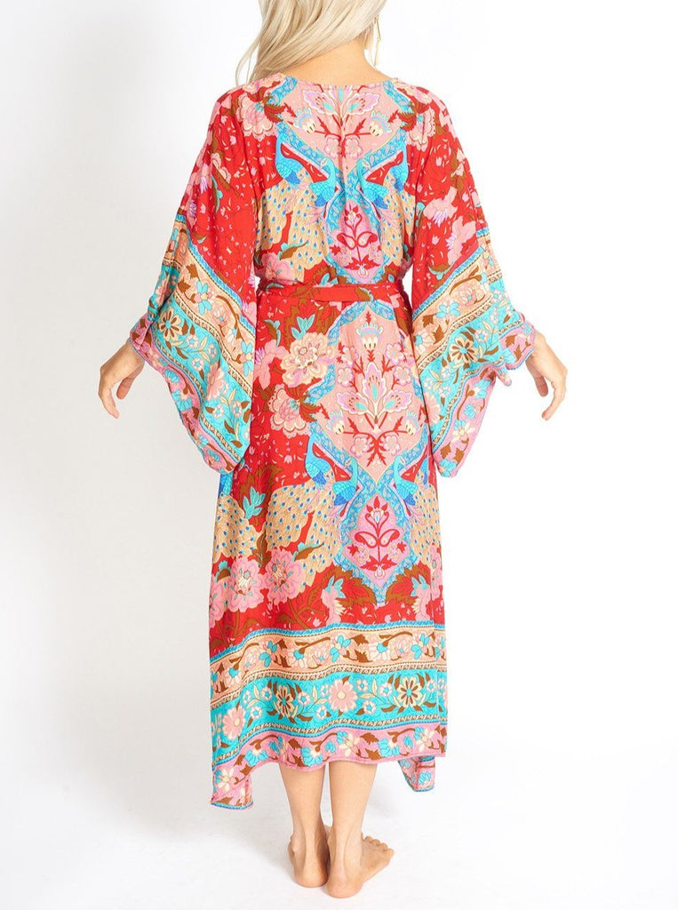 Ayaka Peacock Floral Maxi Kimon Style Dress Clothing m-usefashion 