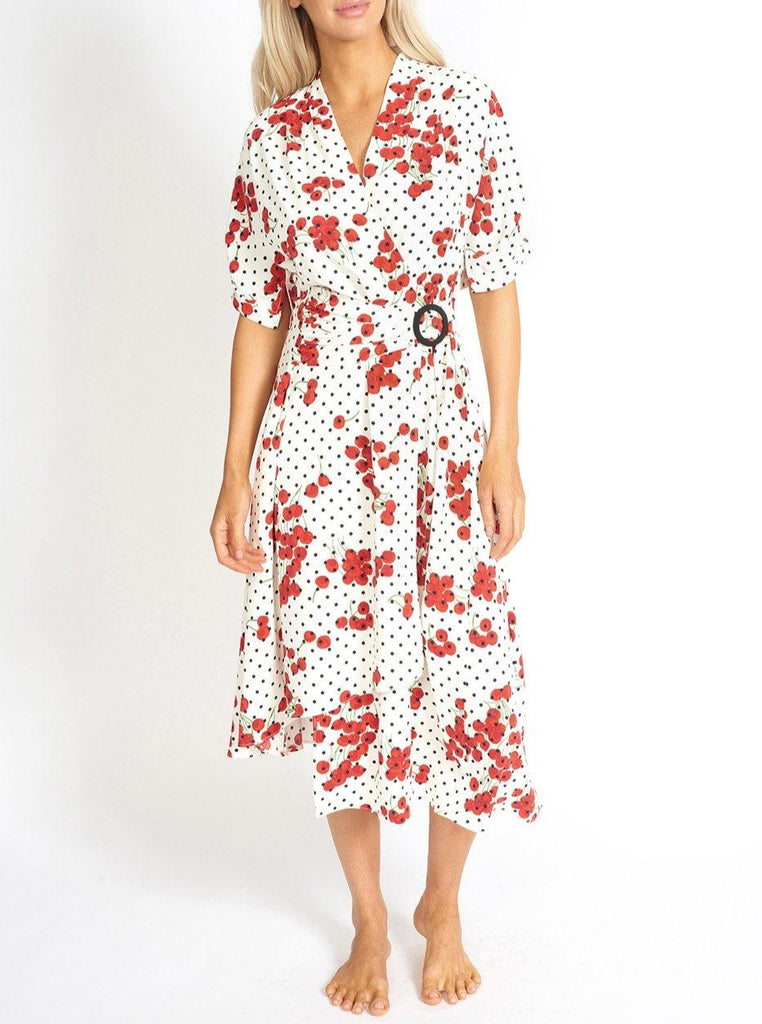 Cherry and Polka Dot Wrap Style Dress Clothing m-usefashion 