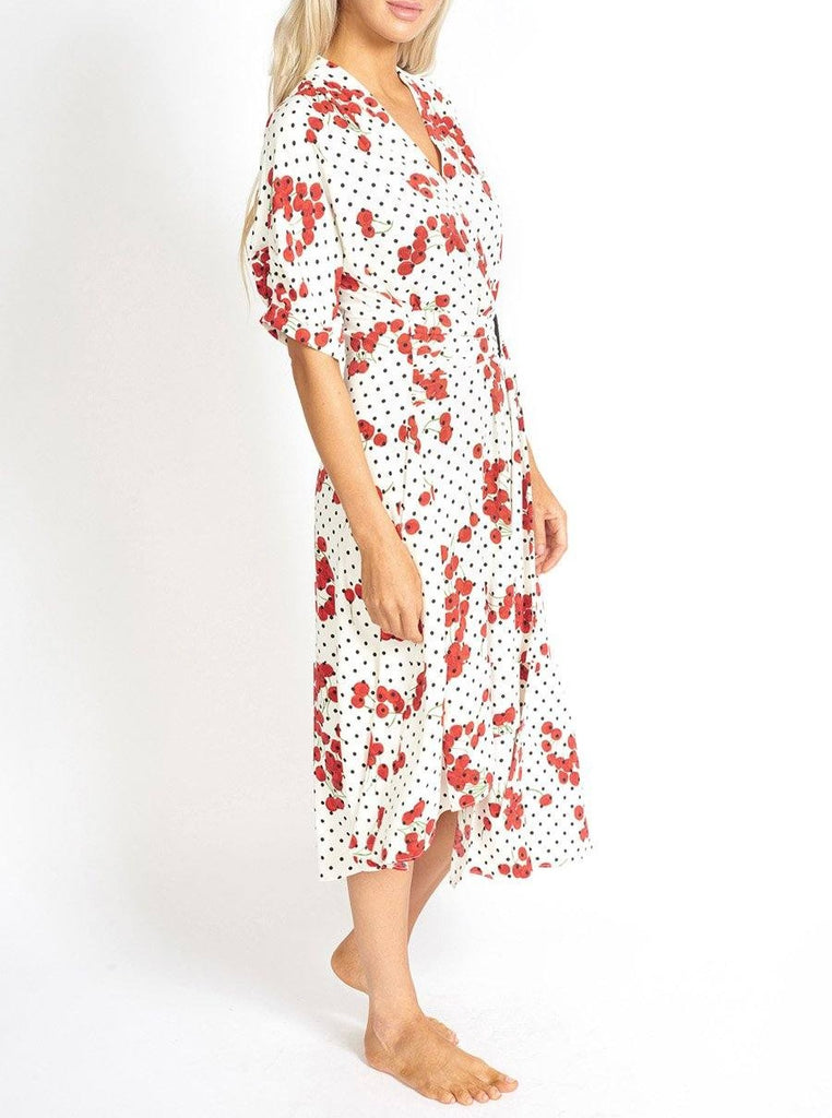 Cherry and Polka Dot Wrap Style Dress Clothing m-usefashion 