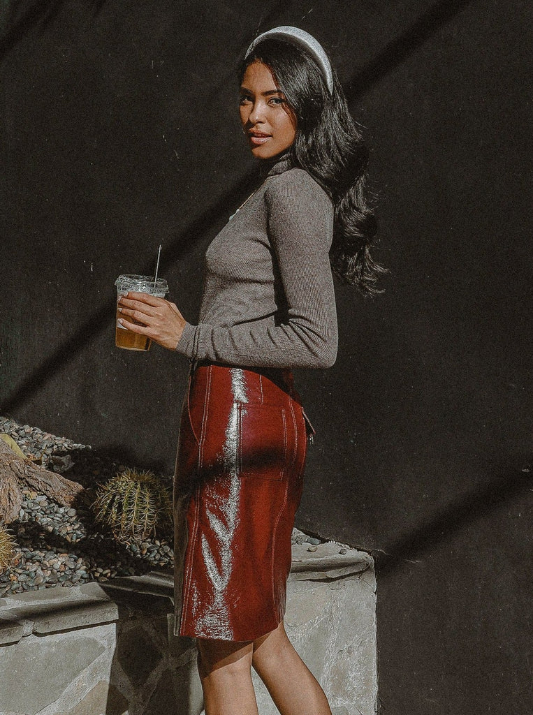 Shop Online Women's Bordeaux Faux Leather Zip Up Pencil Skirt