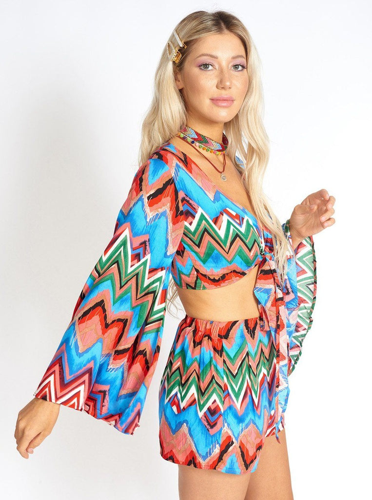 Rainbow Waves Bohemian Front Tying Crop Top Clothing m-usefashion 